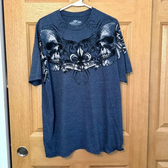 Helix Y2k Grunge Vintage Affliction Blue Skull Men's T-Shirt Size XL - Picture 1 of 8
